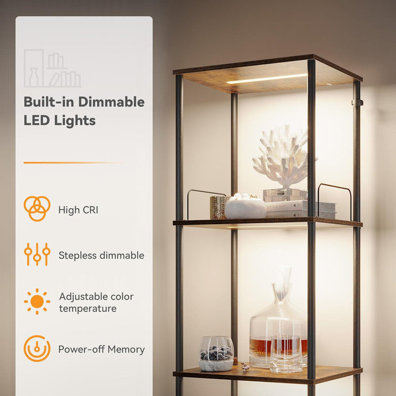 Dimmable LED Display Shelf With Adjustable Colour Temperature, Lighted Display Cabinet For Collectibles, Sturdy Floor Lamp With Shelves, Rustic Home Decor