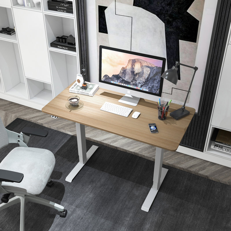 Myrick Adjustable Metal Base Standing Desk, Light Brown/White