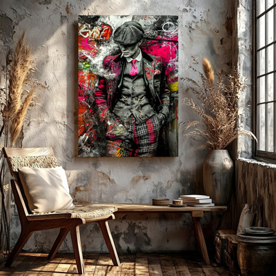 Smoking Man in Flat Cap Abstract Graffiti Canvas Wall Art Print Pink Suit, Pink Abstract Modern Artwork for Living Room Bedroom Office Hallway Gallery Wall Home Decor Accent