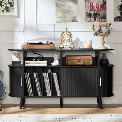 Extra Large Round Record Player Stand with Charging Station & Fluted Panel, Mid Century Modern Turntable Cabinet with Vinyl Storage, Arched Wood Record Player Table for Living Room