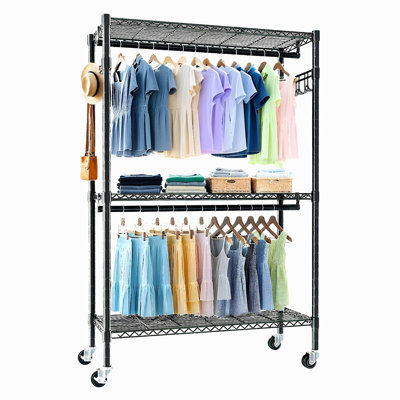 Rolling Clothes Rack, Heavy Duty Clothes Rack With Wheels, 3 Tiers Adjustable Wire Shelving Clothes Rack With 2 Clothes Rails And Side Hooks, Freestan