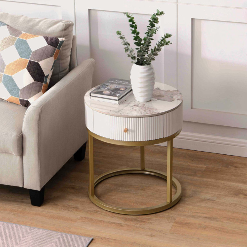 Table de chevet moderne avec tiroir, table de bout ronde en marbre avec rangement, table d'appoint, Blanc / Doré
