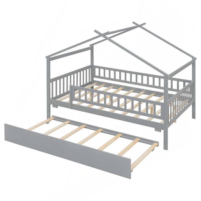 Lit en bois avec lit gigogne simple, Gris, Lit double