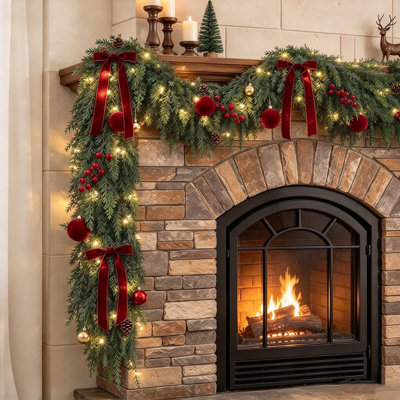 9 FT Pre-Lit Cedar Christmas Garland with Ornaments, for double doors, porch columns, mantels, windows, and entryways