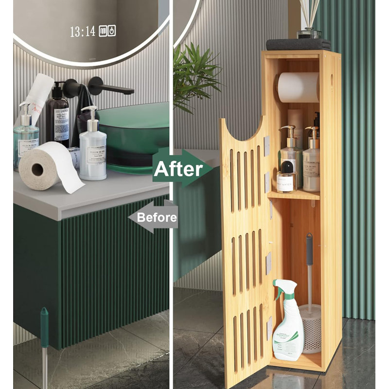 Slim Bamboo Bathroom Storage Cabinet with Toilet Paper Holder