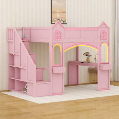 Playhouse Design Full Size Loft Bed With Storage Staircase And Desk, Wood Castle Loft Bed Frame With Windows, Shelves And LED Light