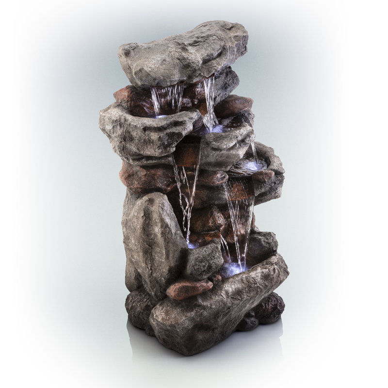 Floor Stone Tower Fountain with LED Lights, 51" H x 33" W x 24" D