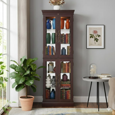 Vitrine vitrée lumineuse en verre, unité de rangement vitrée en verre, armoire à vin en verre avec cadre en bois pour présentation de jouets dans le salon, la cuisine ou le garde-manger, avec ampoule incluse, cerisier foncé