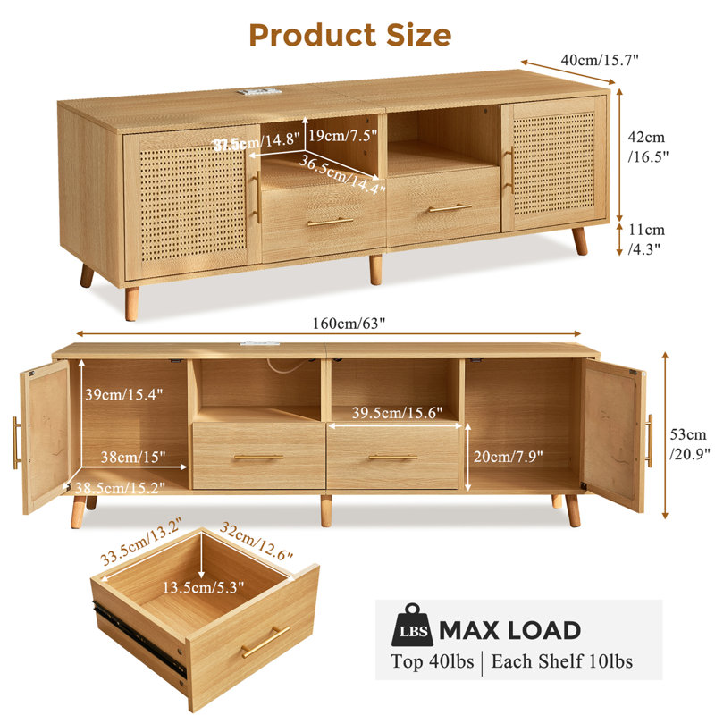 Natural Wood and Rattan TV Stand with LED Lights