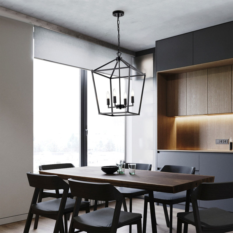 Lustre en fer de style lampadaire Buelex, H 21,7 po x l 15,7 po x P 15,7 po, Noir mat