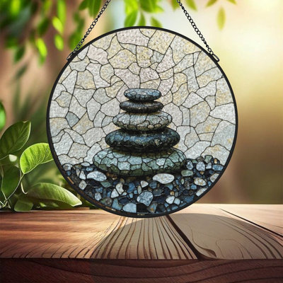 Attrape-soleil rond en vitrail suspendu (1 pièce) - Mosaïque de pierres empilées avec chaîne en métal, pour la décoration murale et de jardin, idée cadeau originale pour une pendaison de crémaillère ou la fête des mères, utilisable à l'intérieur comme à l'extérieur.
