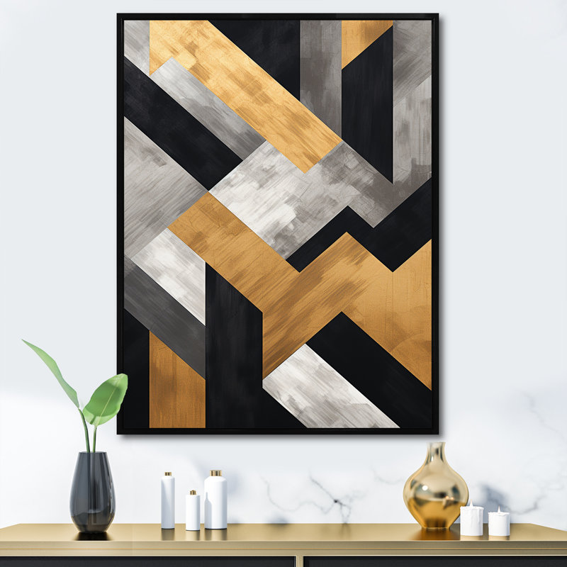 Carreaux géométriques noirs et dorés 5 - Art mural géométrique, Cadre flottant noir, H 32 po x l 24 po x P 1 po