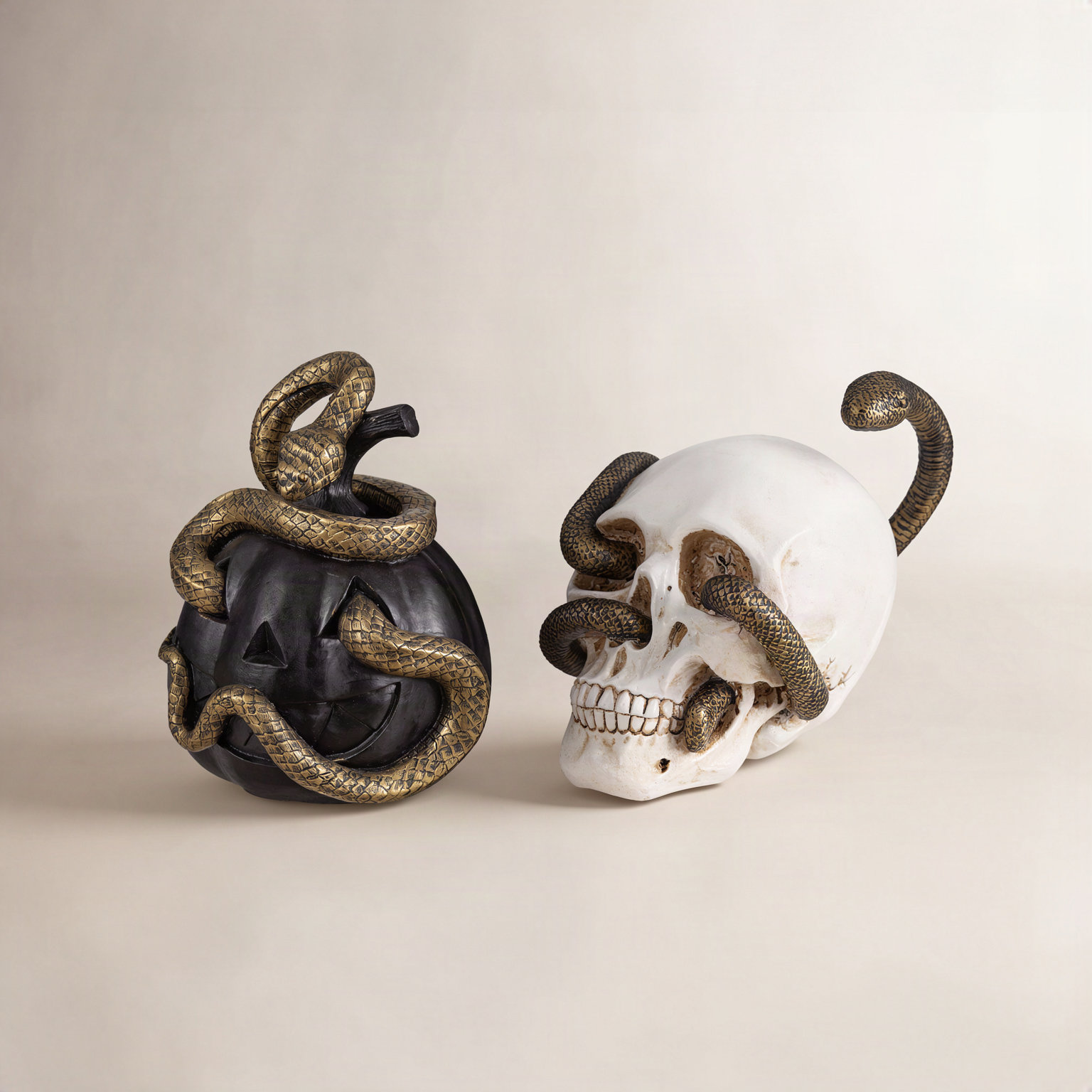 2-Piece 7"H Halloween Polyresin JOL and Skull with Snake Table Decor