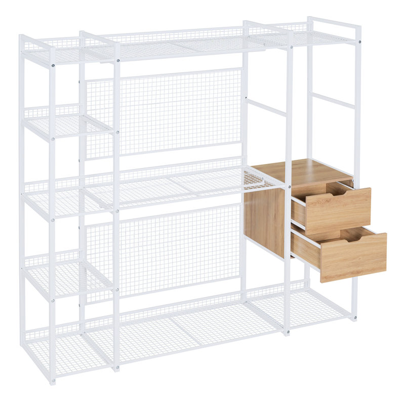 Garde-robe de style ouvert avec rails, tablettes et tiroirs suspendus, Blanc