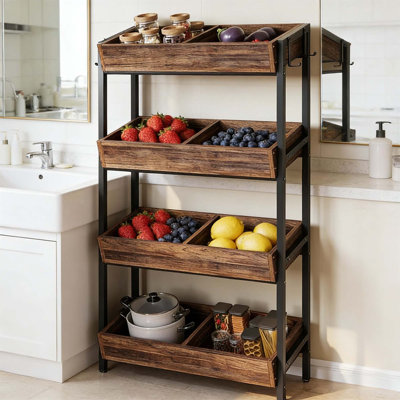 Stable Wood Storage Organizer, Fruit Vegetable Rack With Wine Stand, 8-Bin Capacity For Kitchen And Market