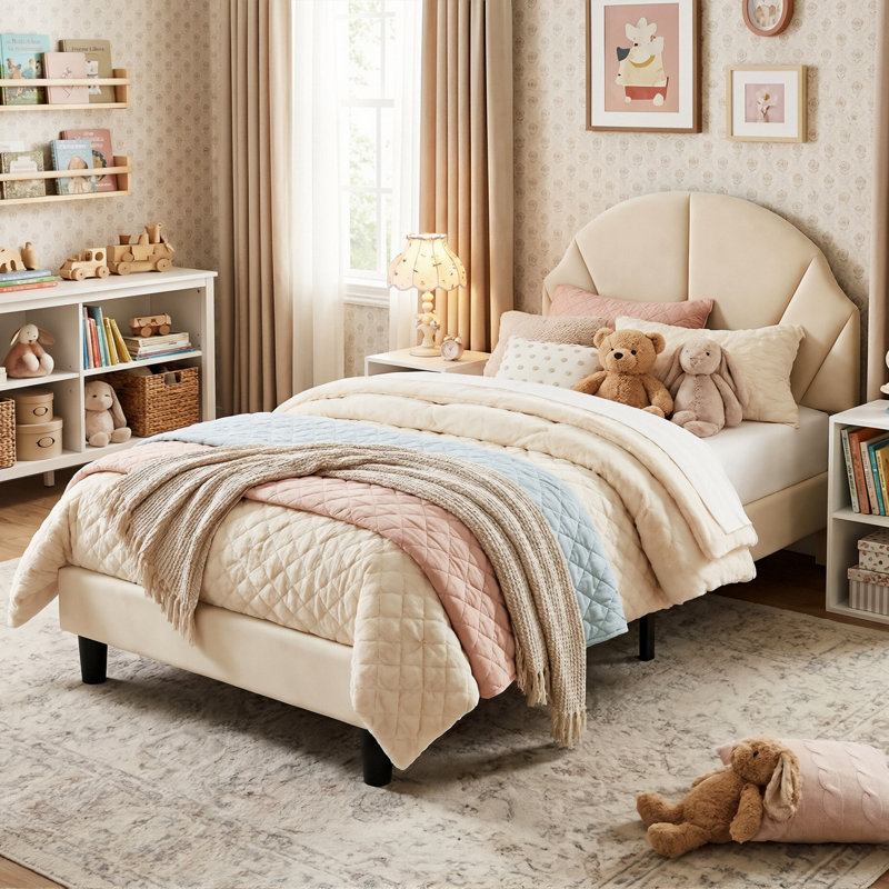 Kids Velvet Bed, Scalloped Shell Upholstery Headboard With Adjustable Height, European Single (90 X 200 cm) , Beige