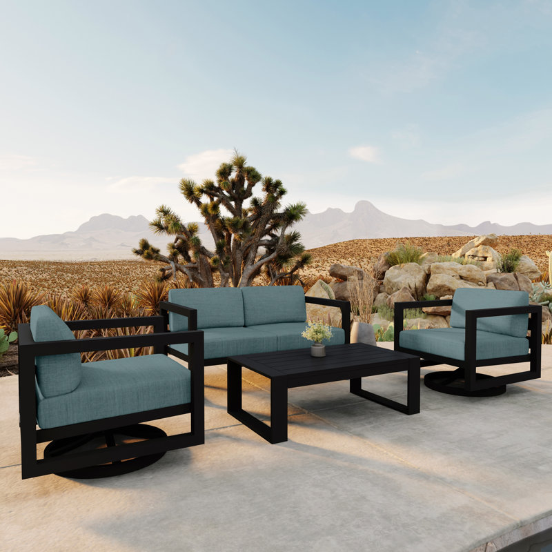 Avion 4 Piece Loveseat Set With Swivel, Spectrum Indigo Sunbrella®, Black