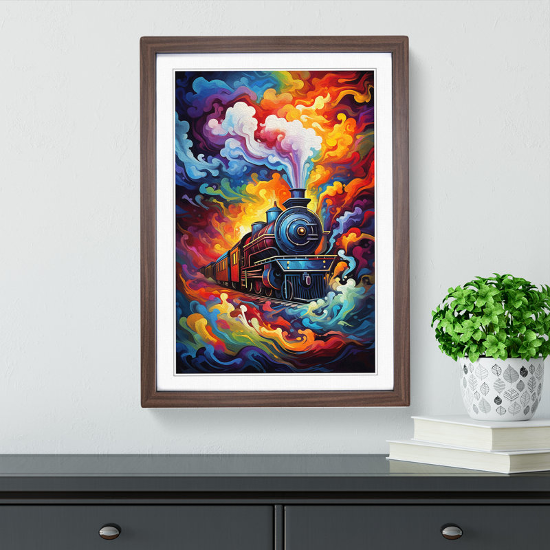 Steam Train Abstract - Single Picture Frame Print on Wood, 64cm H x 46cm W x 2cm D, Walnut