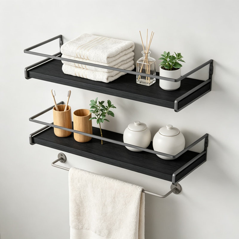 Étagères de salle de bain flottantes murales, tablettes pour accessoires de salle de bain, organisateur de salle de bain moderne avec barre à serviettes pour le rangement de la décoration murale dans de petits espaces, ensemble de deux