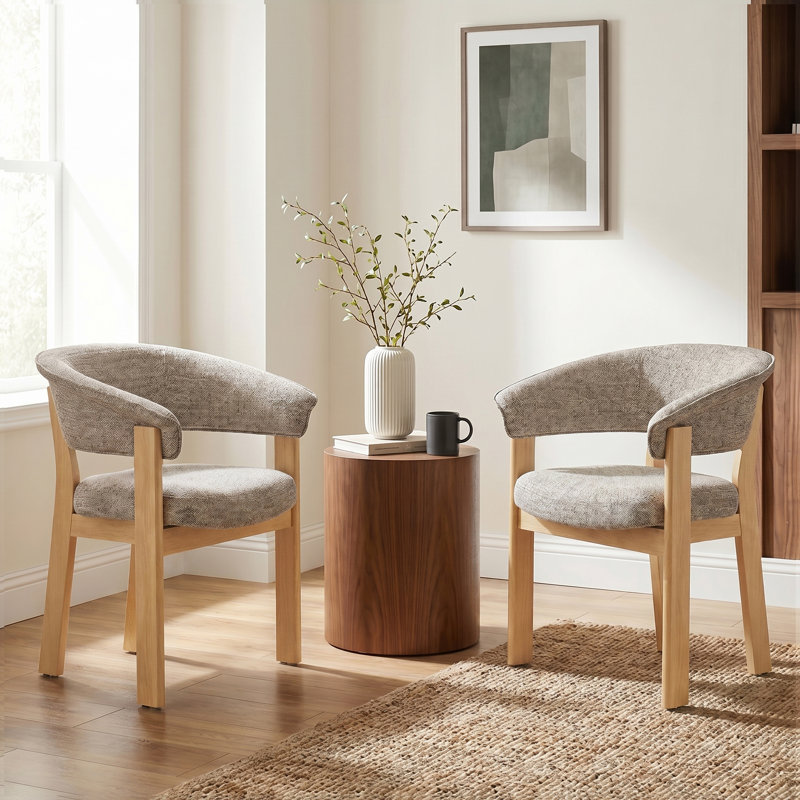 Chaise de salle à manger rembourrée avec accoudoirs tonneau, Natural Wood, Ivory