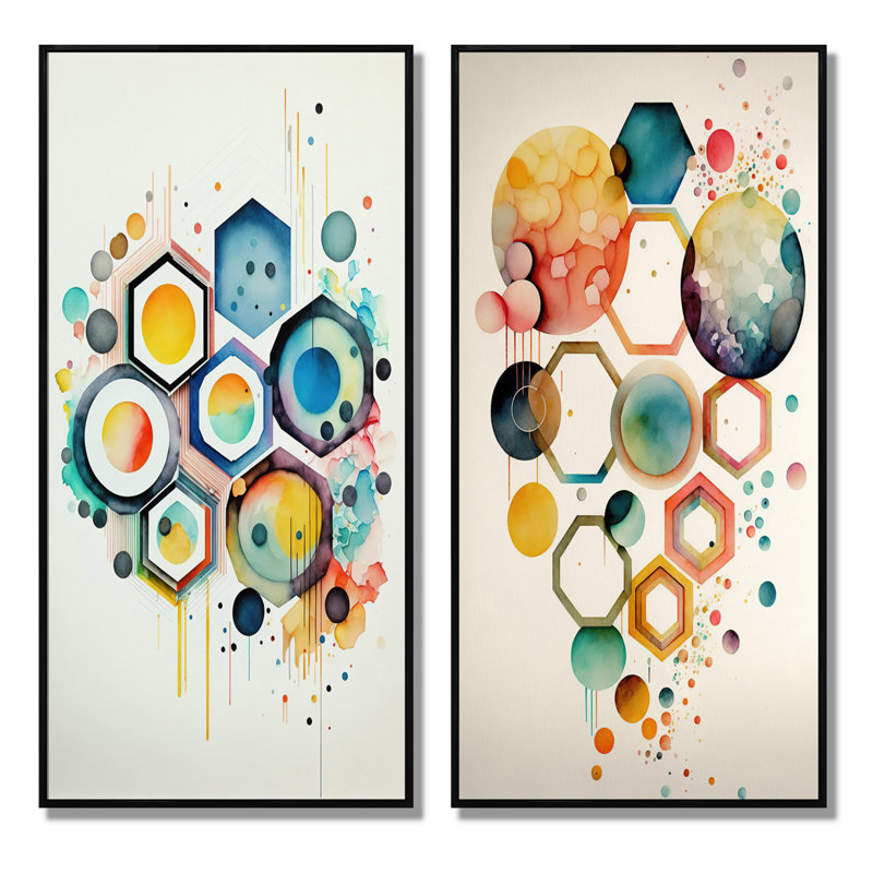 «Hexagon And Circular Abstract», 2 pièces sur toile, H 40 po x l 40 po, Cadre noir