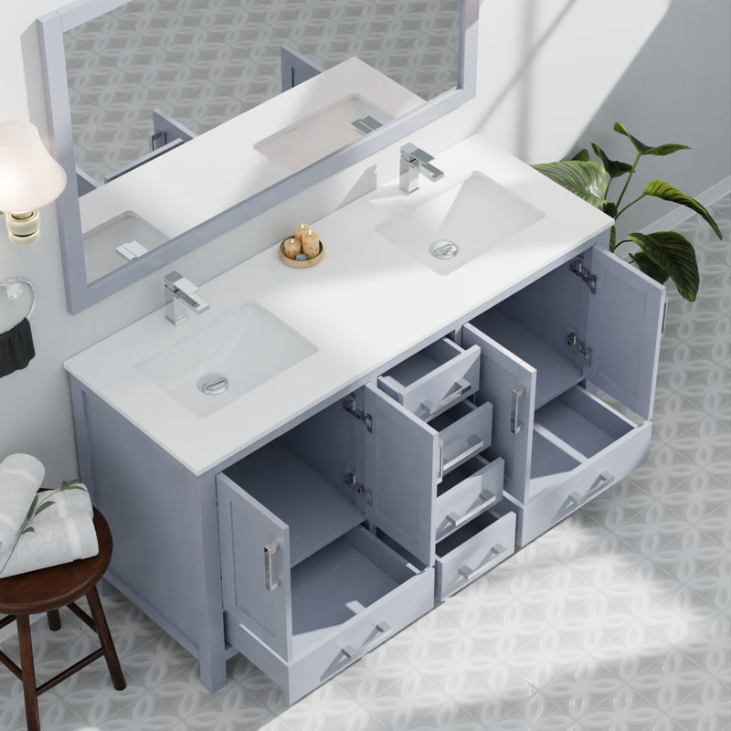 Ensemble de meuble-lavabo double avec plateau en marbre de culture et robinet, Gris foncé