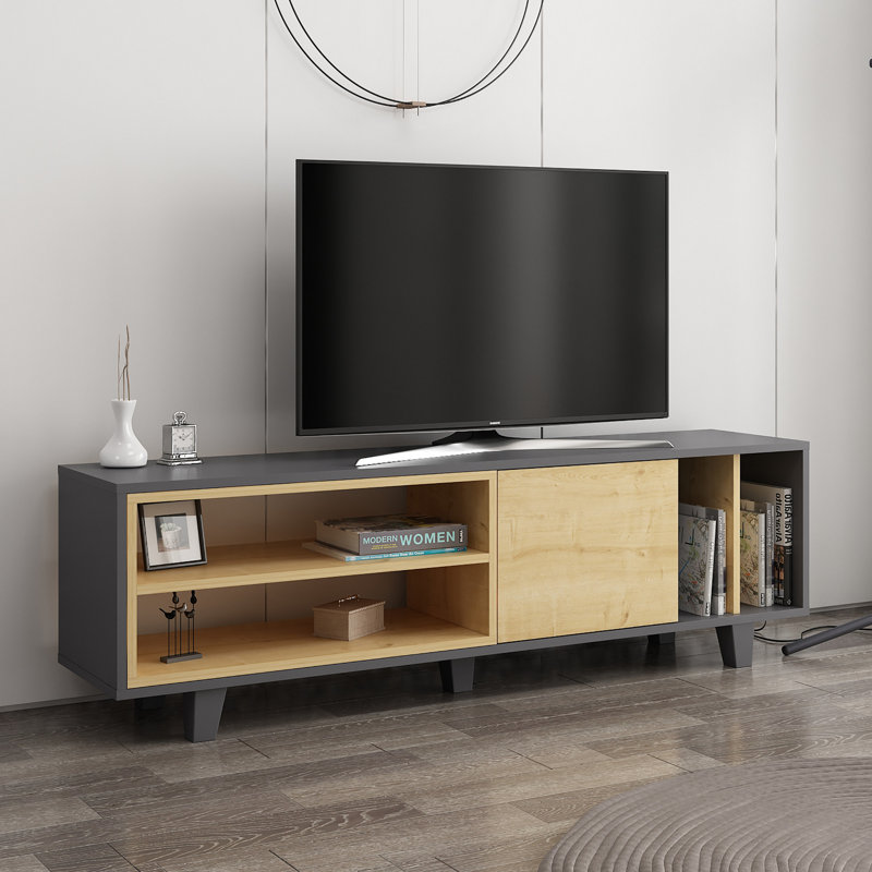 Meuble télé scandinave, anthracite avec chêne, 63,0 x 13,8 x 19,1 pouces | 100% panneau de particules enduit de mélamine, épaisseur: 0,7 pouce | Conception murale, plusieurs tablettes de rangement | Élégant avec centre de divertissement fonctionnel