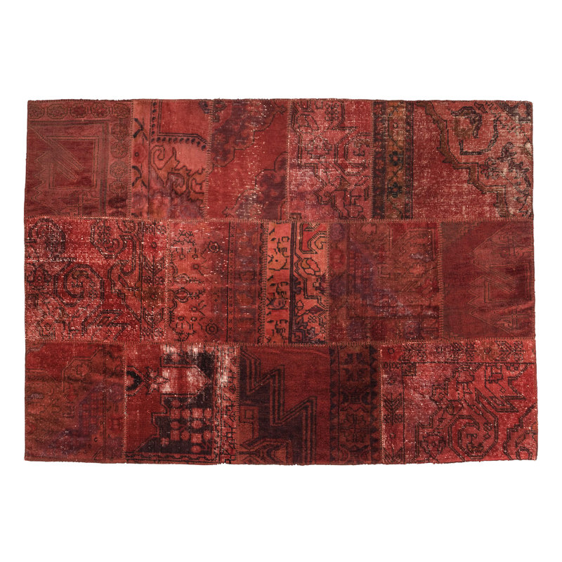 Tapis en laine rouge 5 pi 1 po x 7 pi 2 po one-of-a-kind patchwork noué la