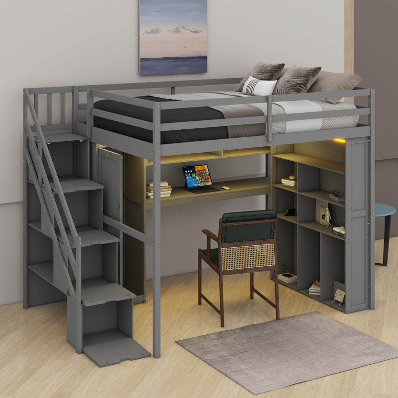 Structure de lit mezzanine avec garde-robe et bureau intégrés, tablettes et lumières DEL, lit mezzanine peu encombrant avec station de charge