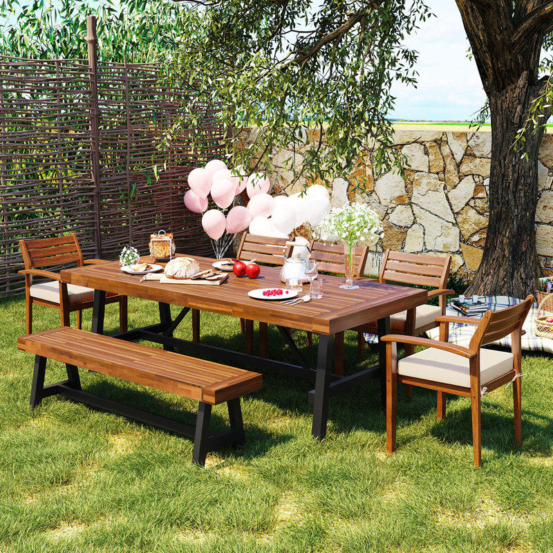 7 Pieces Patio Dining Set with long bench and 5 Chairs