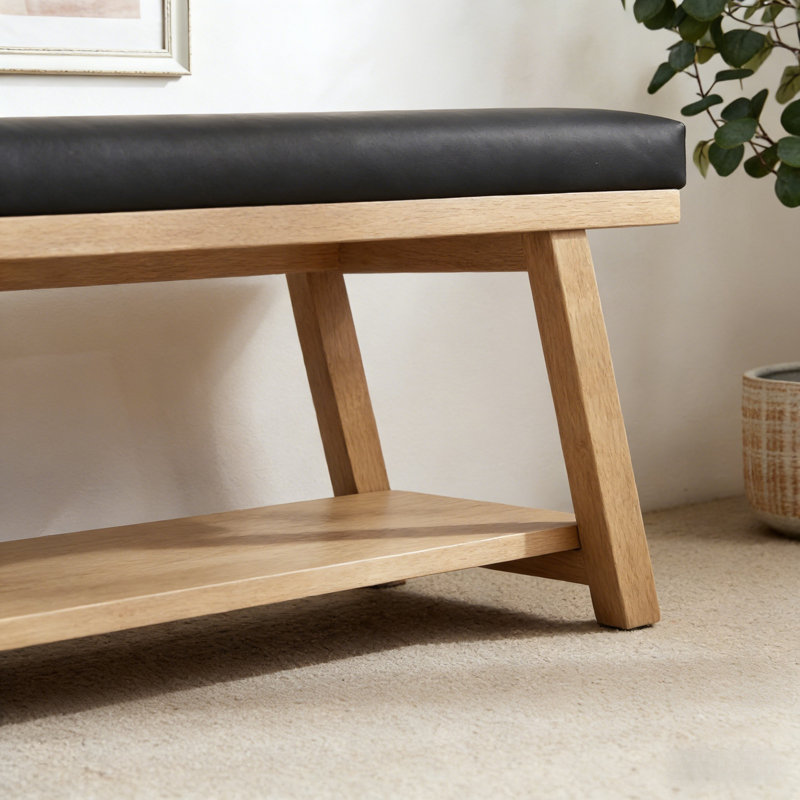 Banc de rangement en cuir Premium, Bois jaune clair / noir