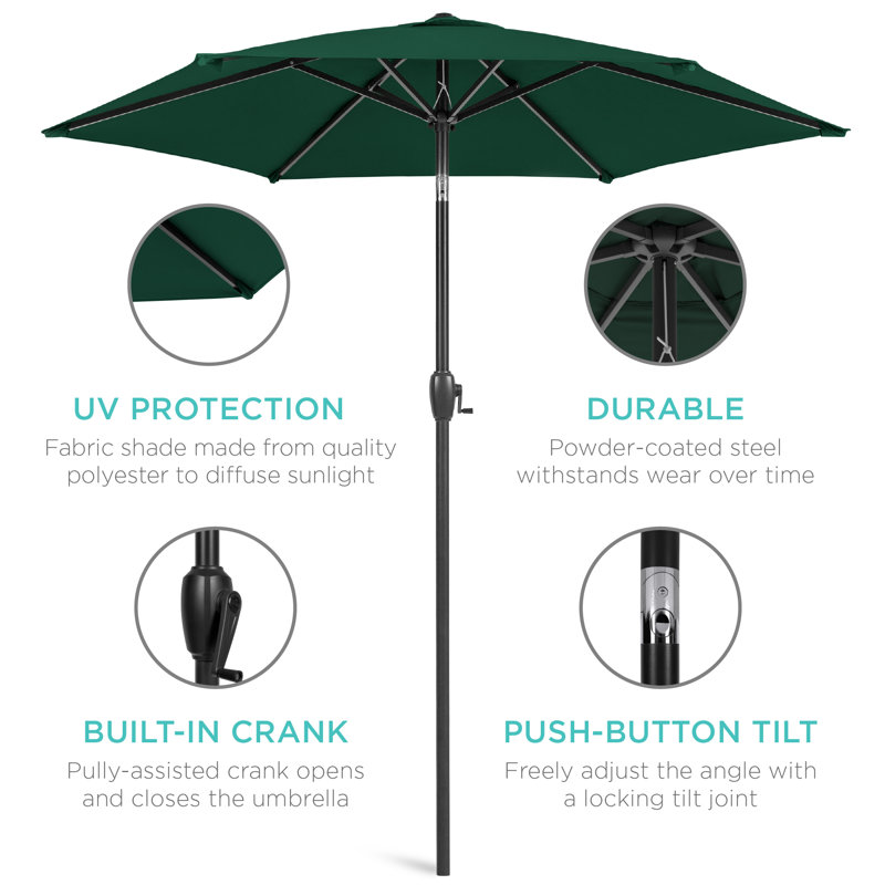 Parasol de marché extérieur robuste de 7,5 pi avec bouton-poussoir inclinable et manivelle en keven, Vert