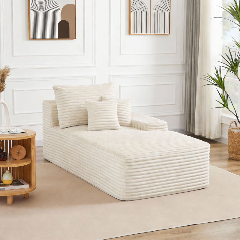 Chaise longue modulaire rembourrée en flanelle de fourrure de lapin blanche avec coussins sans assemblage requis, Blanc