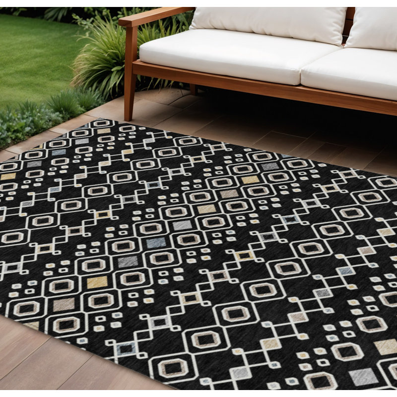 Tapis intérieur / extérieur ivoire et bleu à motif géométrique 9 pi x 12 pi noir