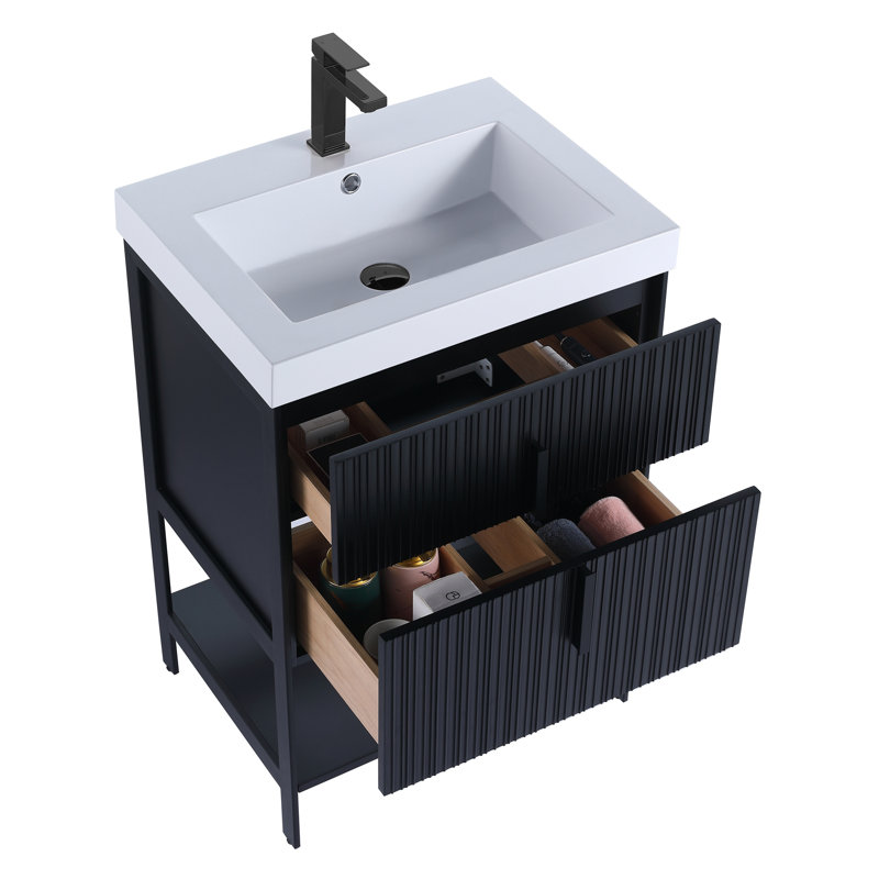 Meuble-lavabo moderne avec plateau en acrylique blanc Fine Fixtures Serenity, 24", Blanc, Noir mat / noir
