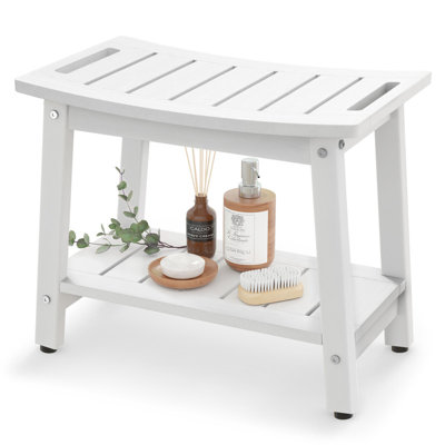  Waterproof HDPE Shower Bench with Handle, Shelf and Adjustable Feet, White, Large