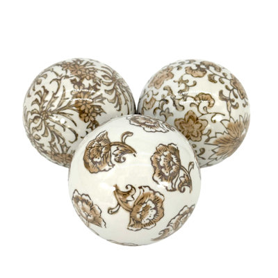 Brown & White Floral Ceramic Ball (Set of 3)