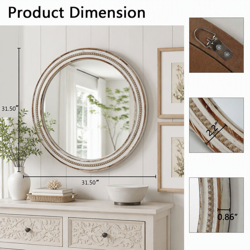 Miroir mural rond décoratif avec cadre rustique à perles 27,56 po, L 27,56 po