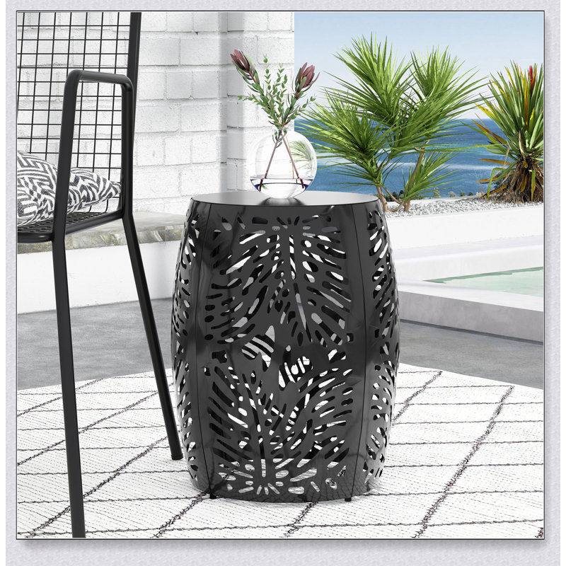 Modern Metal End Table With Tropical Palm Leaf Design, Durable And Stylish For Contemporary Living Spaces, Black