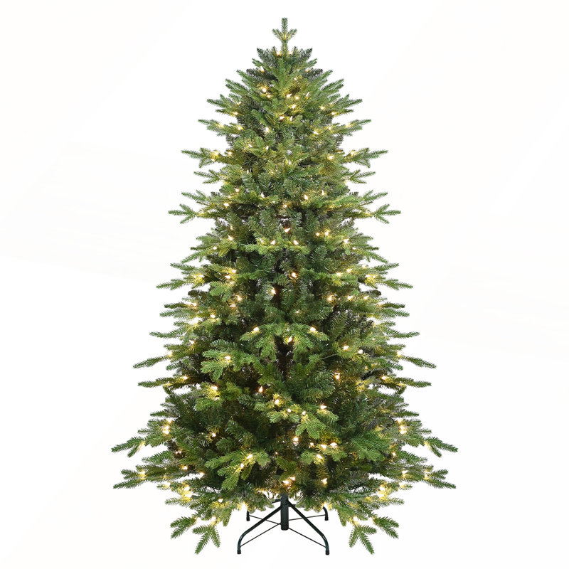 Arbre de Noël vert 6,5 pi en PVC + PE avec 350 lumières UL blanc chaud, 2142 pointes, branches articulées, aiguilles réalistes, support en métal robuste, assemblage facile
