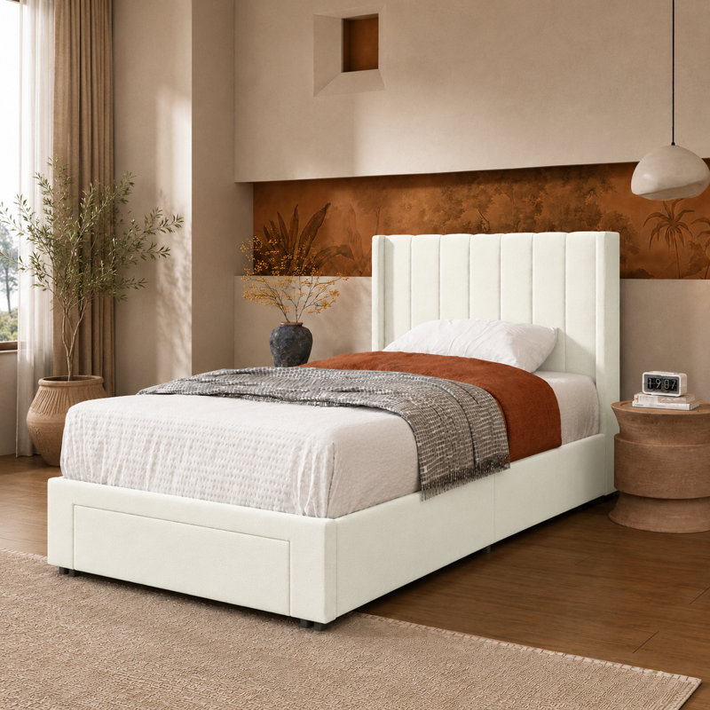 Lit plateforme avec rangement Jeilyn, Simple, Crème