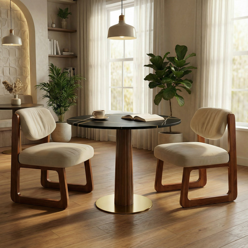33.5‘’Modern Round Dining Table Set with Stone Top, Solid Wood Pedestal and Adjustable Upholstered Chairs set, 3-Piece Dining Set for Kitchen or Dining Area