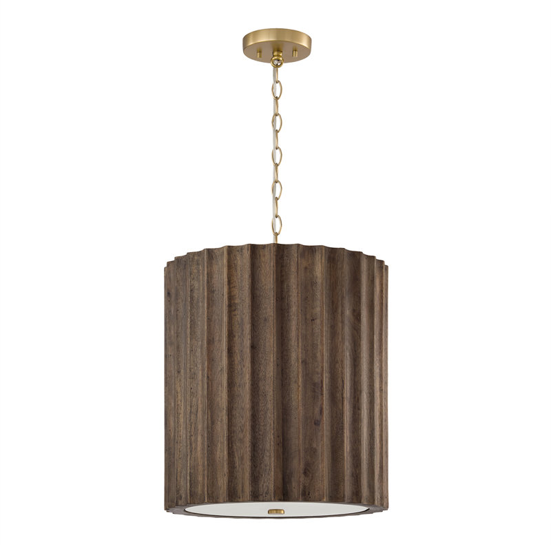 16.5" W x 19.5" H 3-Light Reversed-Flute Handcrafted Mango Wood Pendant in Nordic Wood with Matte Brass and White Glass Diffuser