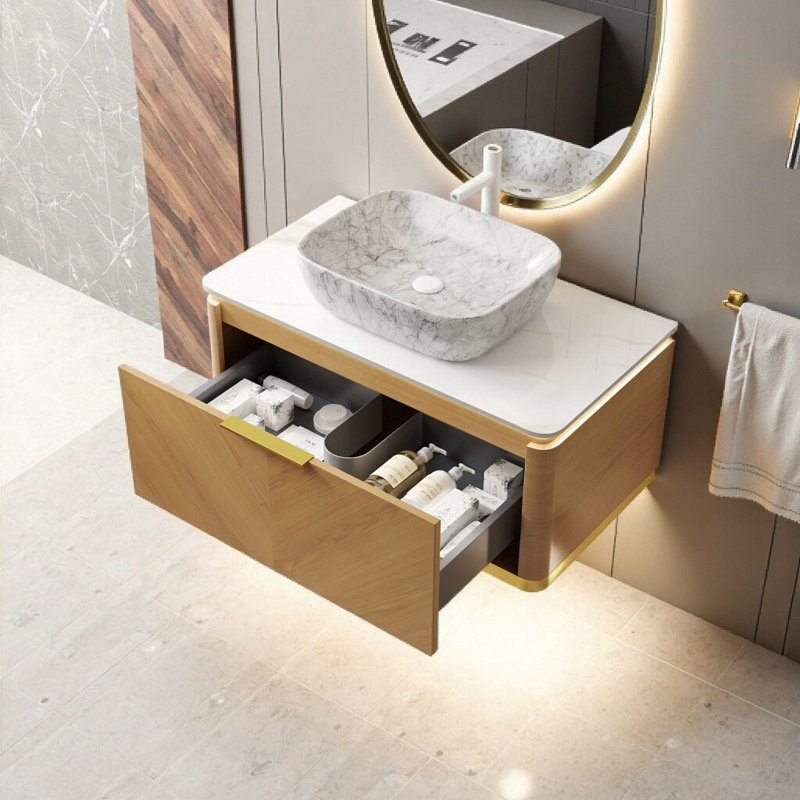 Meuble-lavabo flottant moderne 36 po avec lavabo et éclairage à DEL automatique - comptoir en pierre frittée, tiroir à fermeture en douceur, conception prête pour le spa