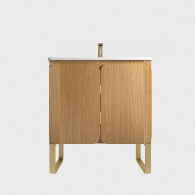 Freestanding & Wall Mounted Light Wood Bathroom Vanity With Ceramic Sink , Large Storage Vanity 2 Doors And Metal Support For Modern Bathrooms