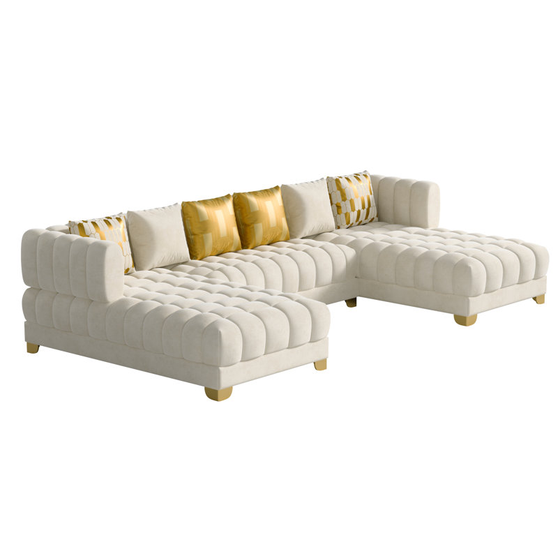Premium Velvet Sectional Sofa 140” Wide, Elegant Living Room Centerpiece, Cream Velvet