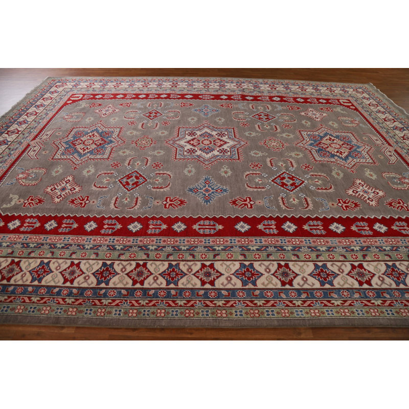 Tapis unique en laine noué à la main 9 pi 9 po x 13 pi 1 po nouvel âge brun / gris / rouge