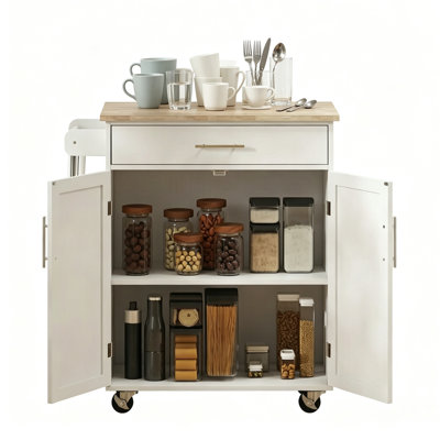 Rolling Kitchen Island Cart with Lockable Wheels, Mobile Storage Trolley for Small Apartment, Adjustable Cabinet Shelf & Towel Bar, Versatile Coffee Bar Serving Cart