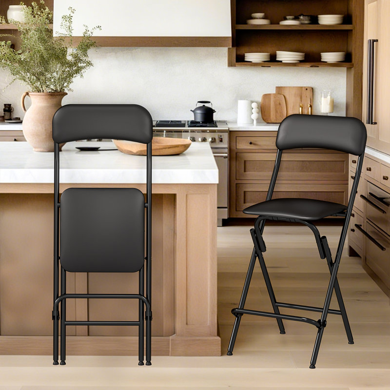 38'' Vinyl-padded Folding Bar Stool  With Footrest, Seat Height 24", Black, Black