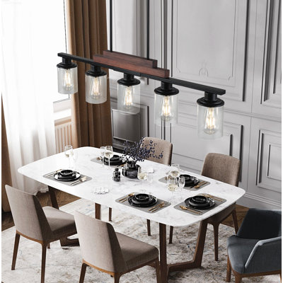 Contemporary 5-Light Dining Room Chandelier Linear Kitchen Light Fixtures with Clear Glass Shades Walnut